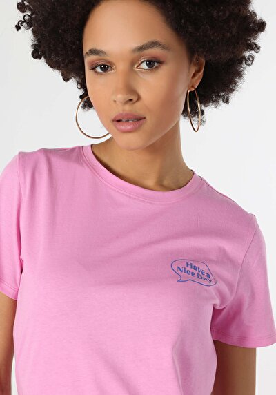 اعرض التفاصيل لـ   رقبة مستديرة مطبوعة نسائية وردي كم قصير تي شيرت