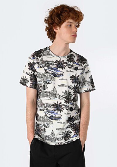 صورة من   رقبة مستديرة مطبوعة رجالي متعدد الألوان كم قصير تي شيرت