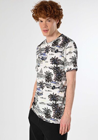 صورة من رقبة مستديرة مطبوعة رجالي متعدد الألوان كم قصير تي شيرت