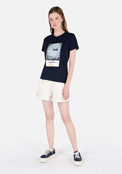 اعرض التفاصيل لـ عادي رقبة مستديرة نسائي أزرق كحلي كم قصير تي شيرت