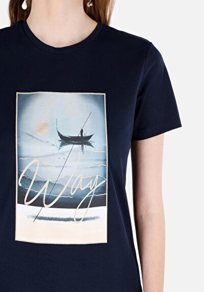 اعرض التفاصيل لـ عادي رقبة مستديرة نسائي أزرق كحلي كم قصير تي شيرت