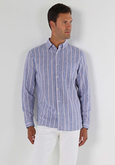 صورة من قميص عادي رقبة مخطط رجالي أزرق كم طويل قميص