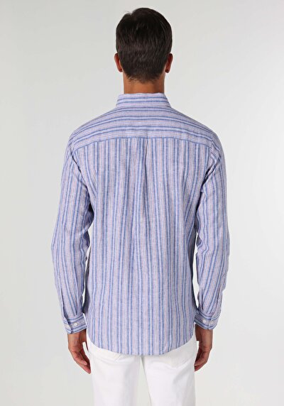 صورة من قميص عادي رقبة مخطط رجالي أزرق كم طويل قميص