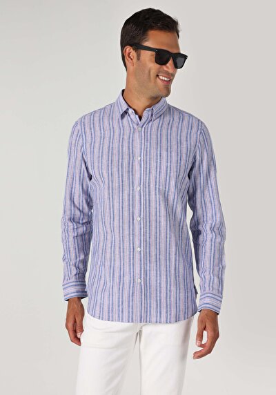 صورة من قميص عادي رقبة مخطط رجالي أزرق كم طويل قميص