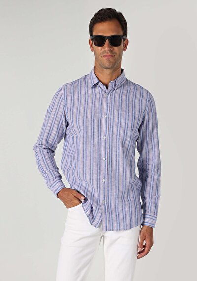 اعرض التفاصيل لـ قميص عادي رقبة مخطط رجالي أزرق كم طويل قميص