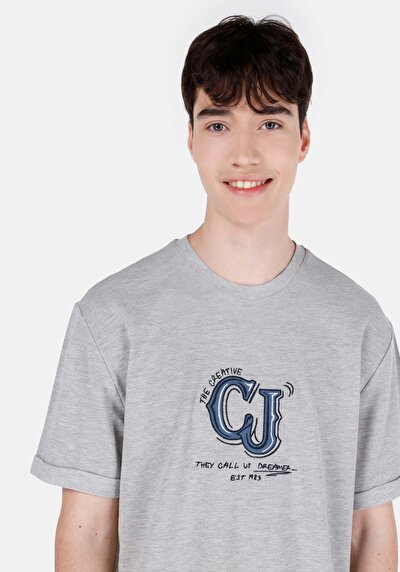 صورة من كومفورت فيت رقبة مستديرة مستقيم رجالي رمادي كم قصير تي شيرت