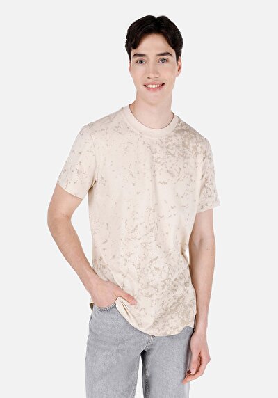 صورة من   رقبة مستديرة مطبوعة رجالي بيج كم قصير تي شيرت