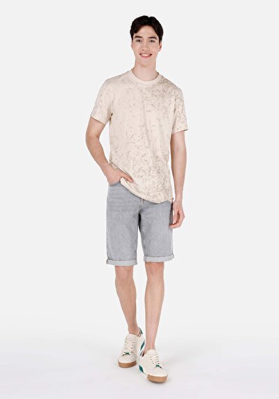 اعرض التفاصيل لـ   رقبة مستديرة مطبوعة رجالي بيج كم قصير تي شيرت