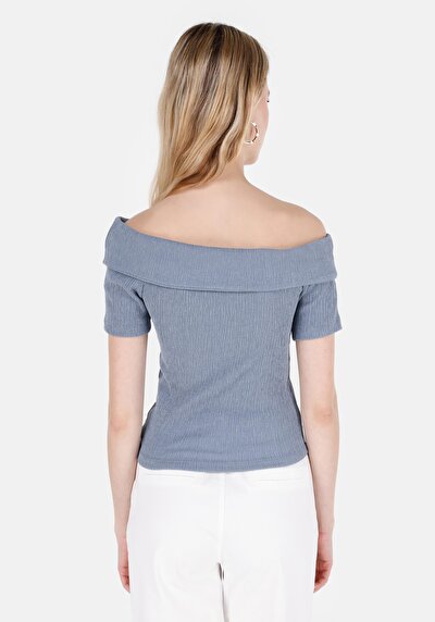 اعرض التفاصيل لـ نحيف  ياقة قارب مستقيم نسائي أزرق 3/4 كم تي شيرت