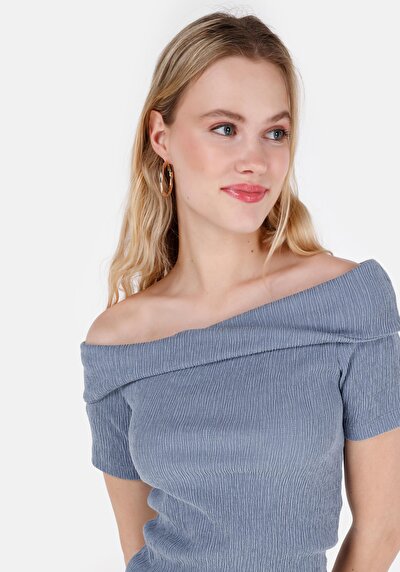 اعرض التفاصيل لـ نحيف  ياقة قارب مستقيم نسائي أزرق 3/4 كم تي شيرت