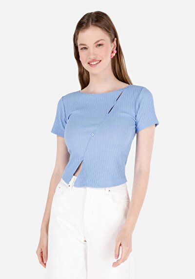 صورة من نحيف قصة رقبة مستديرة جاكار نسائي أزرق كم قصير تي شيرت