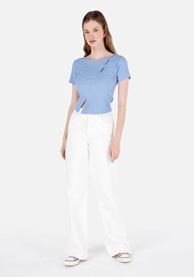 اعرض التفاصيل لـ نحيف قصة رقبة مستديرة جاكار نسائي أزرق كم قصير تي شيرت