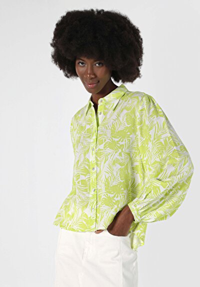 اعرض التفاصيل لـ قميص عادي رقبة أزهار نسائي أخضر كم طويل قميص