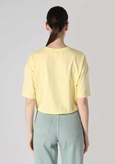 اعرض التفاصيل لـ   رقبة مستديرة مطبوعة نسائية أصفر كم قصير تي شيرت