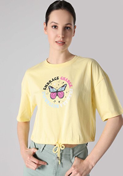 اعرض التفاصيل لـ   رقبة مستديرة مطبوعة نسائية أصفر كم قصير تي شيرت