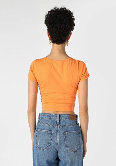 اعرض التفاصيل لـ نحيف رقبة مربعة نسائي برتقالي كم قصير تي شيرت
