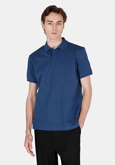 صورة من ياقة بولو عادية مستقيمة رجالي أزرق كم قصير تي شيرت