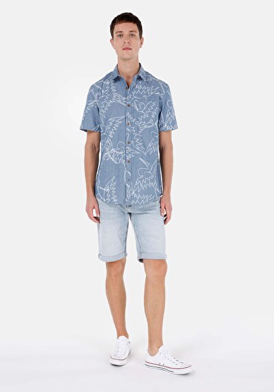 اعرض التفاصيل لـ قميص عادي رقبة مطبوع رجالي أزرق كم قصير قميص