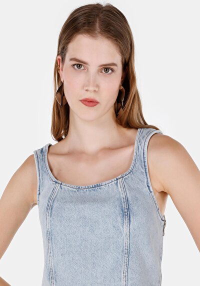 اعرض التفاصيل لـ نحيف قصة رقبة مستديرة بدون أكمام قميص أزرق نسائي