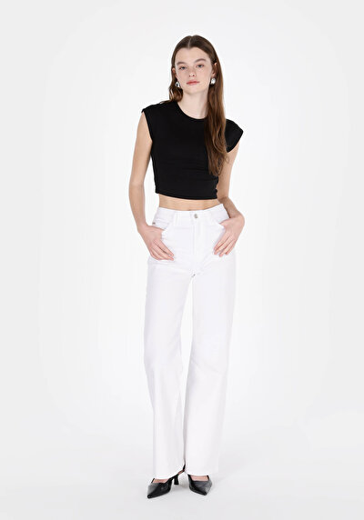 صورة من   خصر عالي ساق واسعة نسائي جينز أبيض