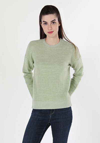 صورة من   رقبة مستديرة مستقيم نسائي أخضر كم طويل تي شيرت