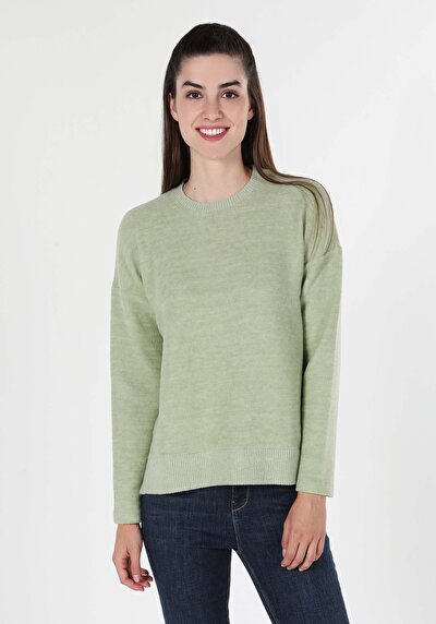 صورة من رقبة مستديرة مستقيم نسائي أخضر كم طويل تي شيرت