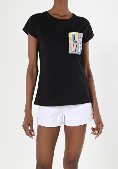 اعرض التفاصيل لـ أسود للنساء تي شيرت بأكمام قصيرة