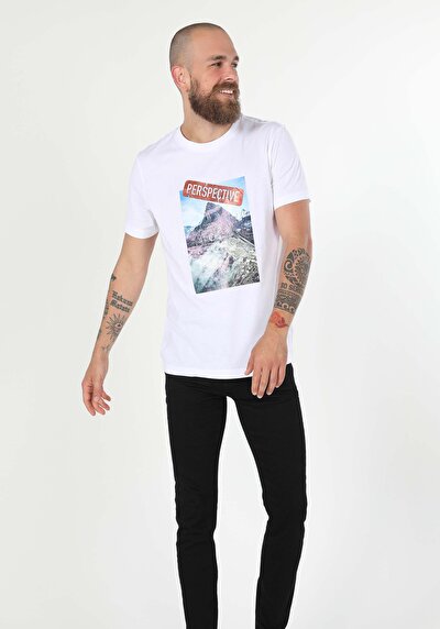 صورة من عادي قصة رقبة مستديرة رجالي أبيض كم قصير تي شيرت