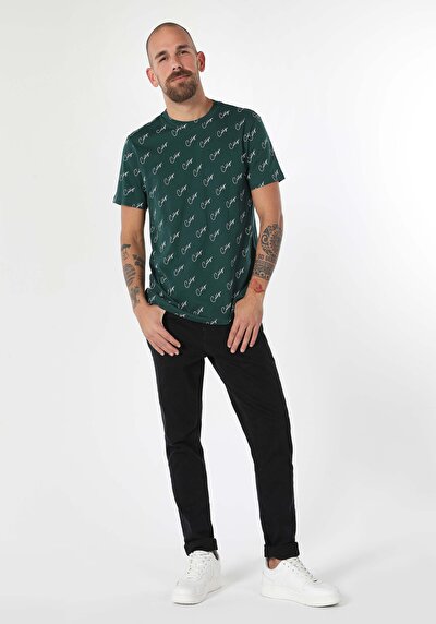 صورة من   رقبة مستديرة مطبوعة رجالي أخضر كم قصير تي شيرت