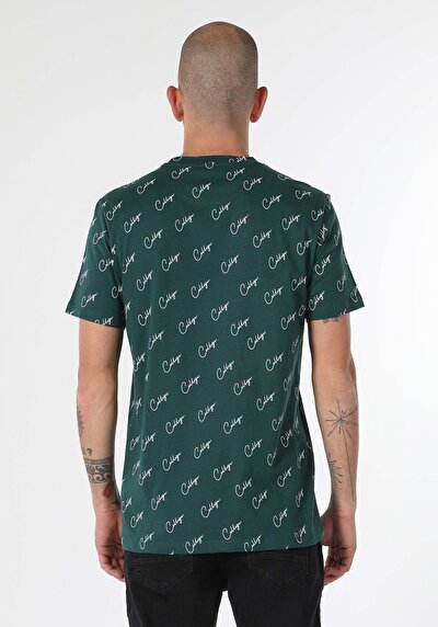 صورة من رقبة مستديرة مطبوعة رجالي أخضر كم قصير تي شيرت