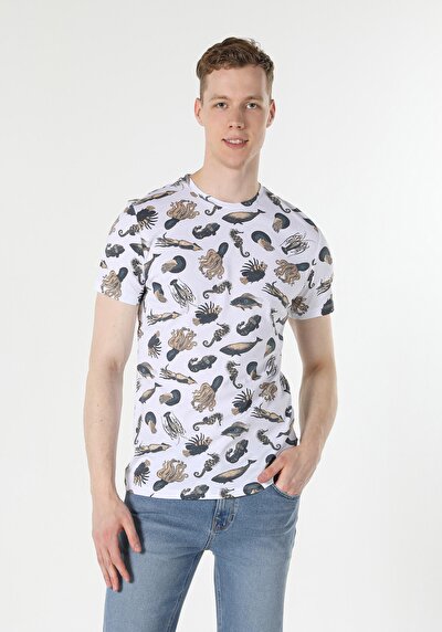 صورة من   رقبة مستديرة مطبوعة للرجال أبيض بأكمام قصيرة تي شيرت