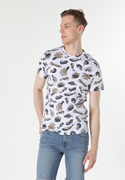 اعرض التفاصيل لـ   رقبة مستديرة مطبوعة للرجال أبيض بأكمام قصيرة تي شيرت