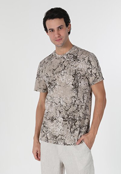 اعرض التفاصيل لـ   رقبة مستديرة مطبوعة رجالي بيج كم قصير تي شيرت