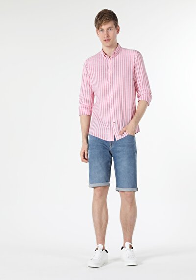 صورة من قميص نحيف رقبة رجالي وردي كم طويل قميص