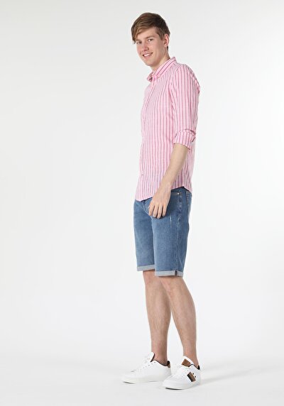 صورة من قميص نحيف رقبة رجالي وردي كم طويل قميص