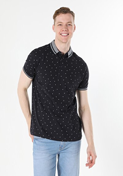 صورة من ياقة بولو عادية مطبوعة رجالي أزرق كحلي كم قصير تي شيرت