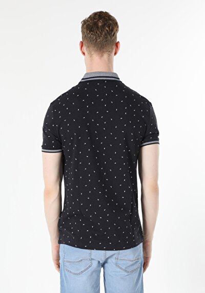 صورة من ياقة بولو عادية مطبوعة رجالي أزرق كحلي كم قصير تي شيرت