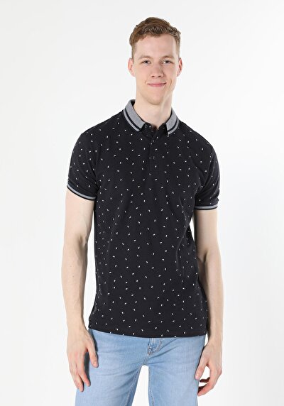 صورة من ياقة بولو عادية مطبوعة رجالي أزرق كحلي كم قصير تي شيرت