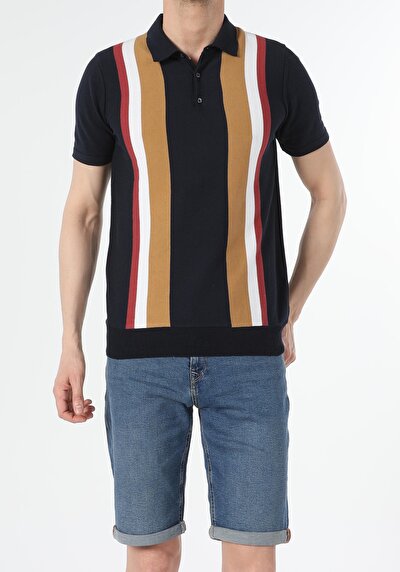 اعرض التفاصيل لـ أزرق بحري للرجال قميص بولو  كم قصير