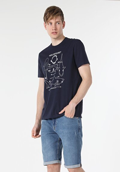 اعرض التفاصيل لـ أزرق بحري للرجال تي شيرت بأكمام قصيرة