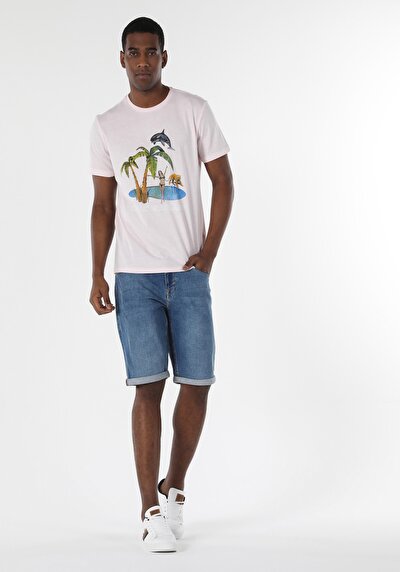 صورة من رقبة مستديرة مستقيم تي شيرت رجالي وردي بأكمام قصيرة