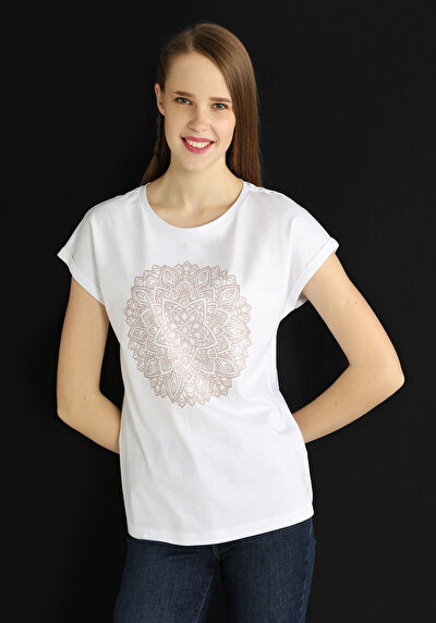 صورة من تناسب منتظم طاقم الرقبة المطبوعة الأبيض نسائي قصيرة الأكمام تي شيرت Cl1063266