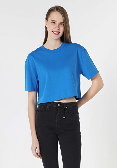 اعرض التفاصيل لـ مريح  رقبة مستديرة مستقيم نسائي أزرق كم قصير تي شيرت