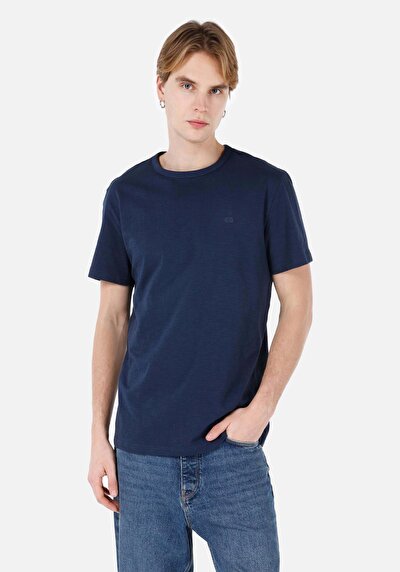 صورة من كومفورت فيت رقبة مستديرة مستقيم رجالي أزرق كحلي كم قصير تي شيرت