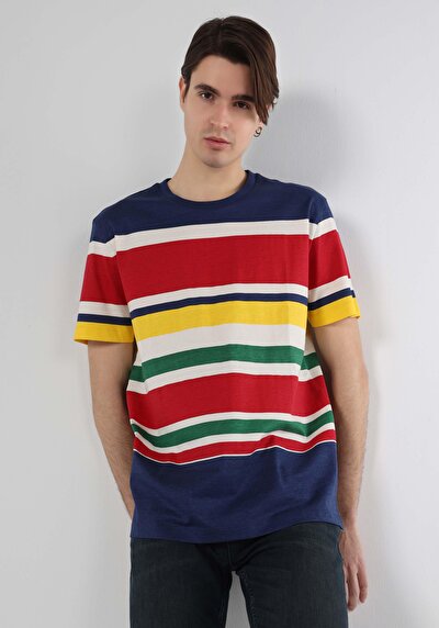 اعرض التفاصيل لـ كومفورت فيت رقبة مستديرة مخطط رجالي متعدد الألوان كم قصير تي شيرت