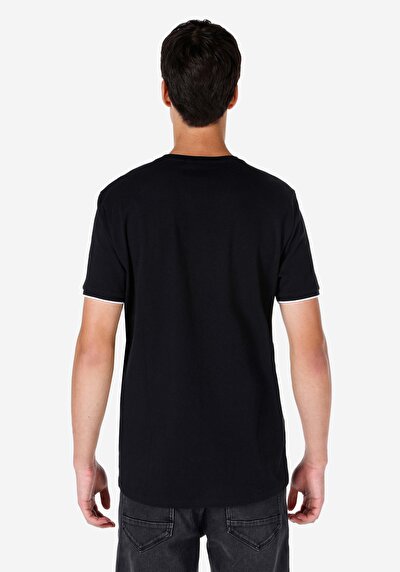 صورة من عادي مقاس رقبة مستديرة مستقيم رجالي أسود كم قصير تي شيرت