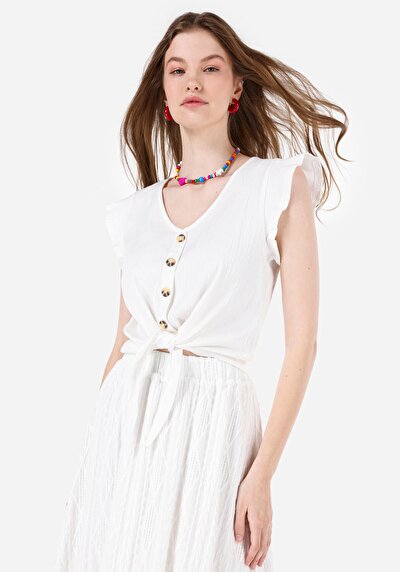 صورة من قطع عادية الخامس الرقبة زرر الأبيض نسائي قصيرة الأكمام تي شيرت Cl1069154  