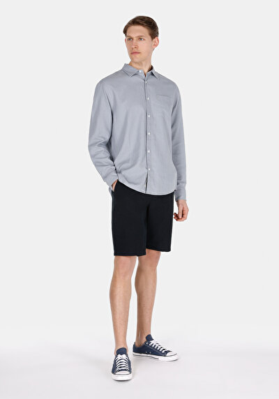 صورة من Relaxed Fit قميص رقبة مستقيم رجالي مزيج الكتان رمادي كم طويل قميص