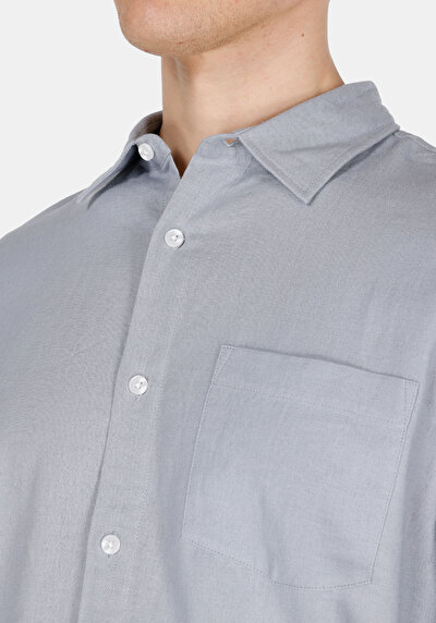 صورة من Relaxed Fit قميص رقبة مستقيم رجالي مزيج الكتان رمادي كم طويل قميص