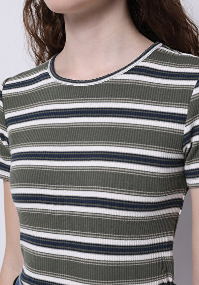 صورة من تي شيرت نسائي أخضر قصير بأكمام قصيرة طوق دائري مخطط نسائي